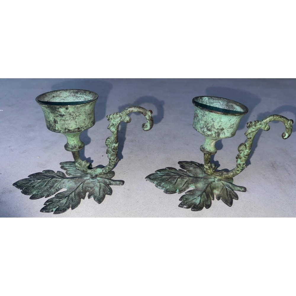Vintage Verdigris Patina Bronze Leaf Candle Holders Set of 2 Scroll Handle 5.5"